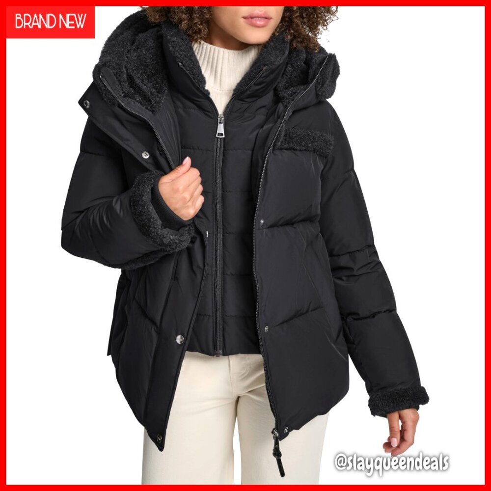 Short Puffer Coat with Hood, Faux Fur Trim, Quilted Winter Jacket